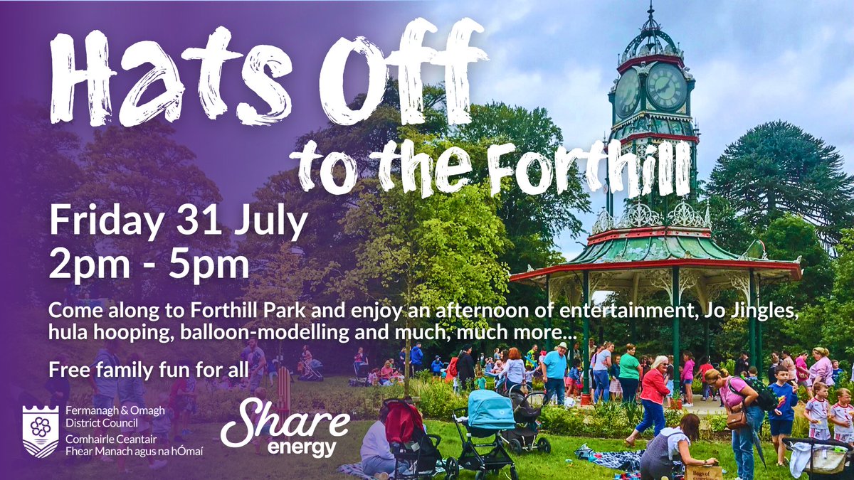 fermanaghomagh's tweet photo. 🎩 Just 1 week to go until Hats Off to the Forthill!

Join us for a FREE afternoon of live music, family fun and entertainment in Forthill Park, Enniskillen.

👉 Plan your visit: https://t.co/t6AtyDRtRY 
Proudly sponsored by Share Energy. https://t.co/MFSx6oobNy