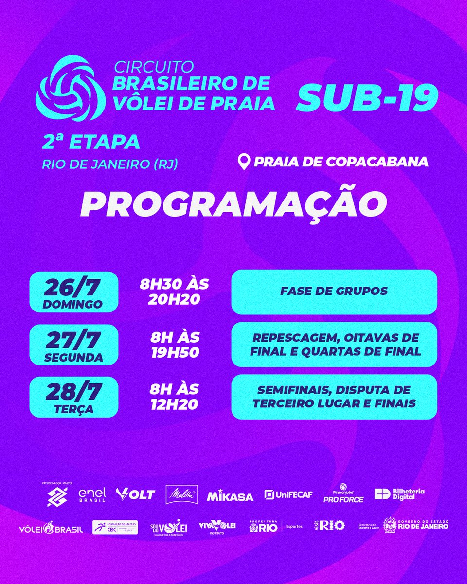 volei's tweet photo. Vez da base! 🏐
Entre os dias 26 e 28 de julho, a 2ª etapa do Circuito Brasileiro de Vôlei de Praia Sub-19 desembarca nas areias de Copacabana.
A entrada é gratuita! 💚💛
#cbv #volei #voleibrasil #circuitobrasileiro #voleidepraia https://t.co/hePT7JFgrj