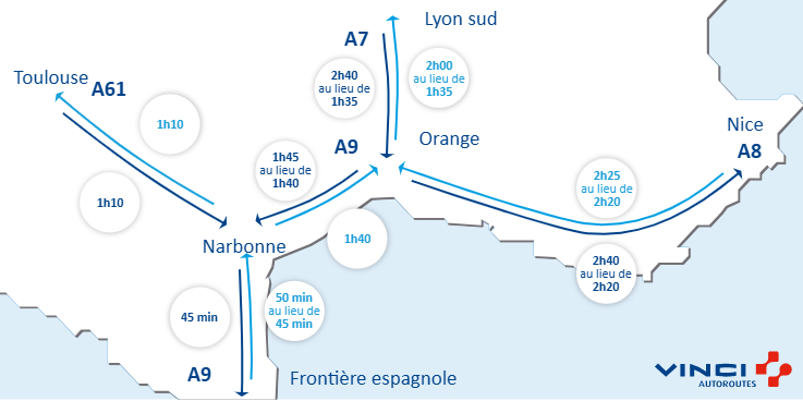 A9Trafic's tweet photo. #VINCIAutoroutes vous informe sur vos conditions de circulation, pour #BienVoyager. #Infotrafic à 17h00 ⏱️ Vos temps de parcours sur @A7Trafic, @A8Trafic, @A9Trafic et @A61Trafic. #A9 https://t.co/ikqdepw1ao