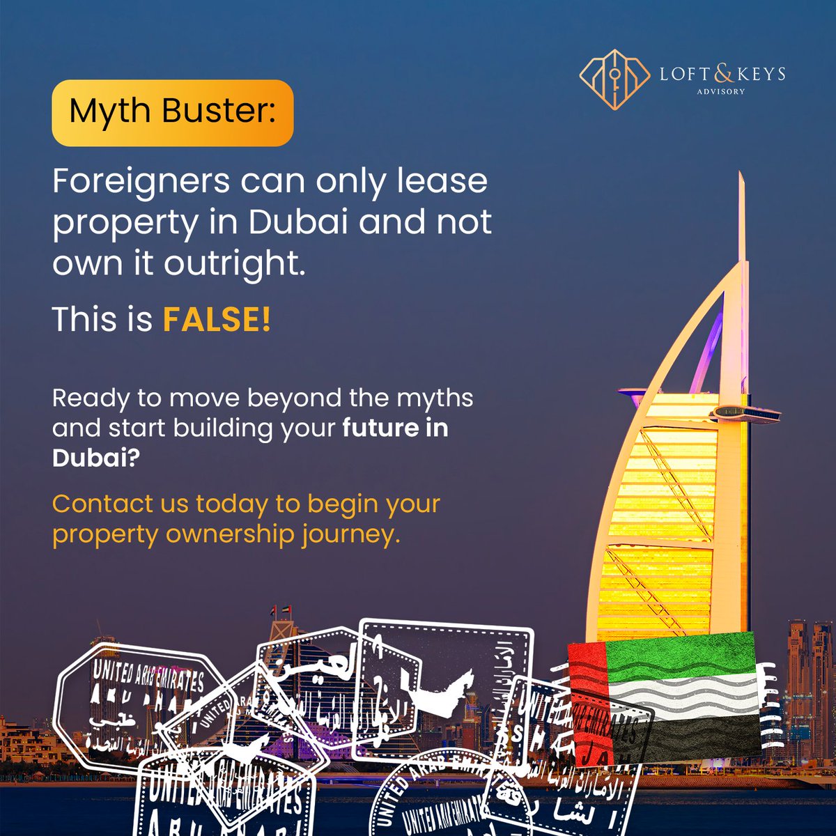 loftandkeys's tweet photo. The most expensive myth in Dubai real estate: "Foreigners can only lease, never own."

False. And the people who believed it have paid for it in missed deals, not money.

Here is the truth. In Dubai's designated freehold areas, foreign buyers own property outright. Full title, registered in your name with the Dubai Land Department. You can sell it, rent it, pass it to your children. It is yours in every sense that matters, backed by one of the most rigorously regulated property registries in the world.

That myth has cost hesitant buyers years. Years of 7%+ dollar yields they never collected. Entry prices that have since moved. Whole buildings, like Binghatti Phantom, that sold out while they were still googling whether ownership was even possible.

The research phase is where deals go to die. The facts take five minutes.

Comment MYTH or send us a DM and we will send you the full ownership breakdown: how freehold works, what your title covers, and what is available right now.

Loft & Keys Advisory. Binghatti's trusted partner.
🇦🇪 +971 56 774 7423
🇳🇬 +234 911 777 7759 

#DubaiRealEstate #DubaiProperty #InvestInDubai #FreeholdDubai #LoftAndKeys https://t.co/ajuWGUz5zM