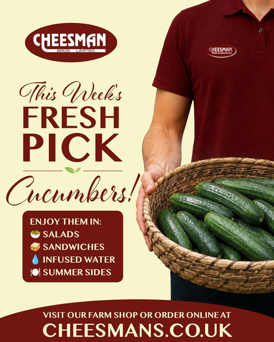 CheesmanBros's tweet photo. π₯ #FreshPickFriday
This week's pick is fresh, crisp cucumbers! Around 95% water, they're the perfect choice for warm summer days. Enjoy them in salads, sandwiches, infused water or as a refreshing summer side. π
Visit the farm shop or shop online at https://t.co/3mdGrWCRC9 https://t.co/M4U3vDjtZj