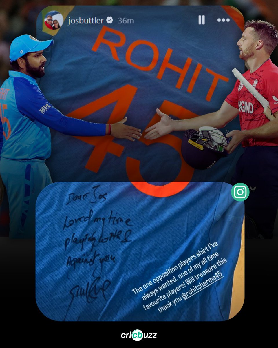 cricbuzz's tweet photo. Jos Buttler called Rohit Sharma one of his "all time favourite players" after getting a signed jersey from him 🤝 https://t.co/UK0YtmfDn3