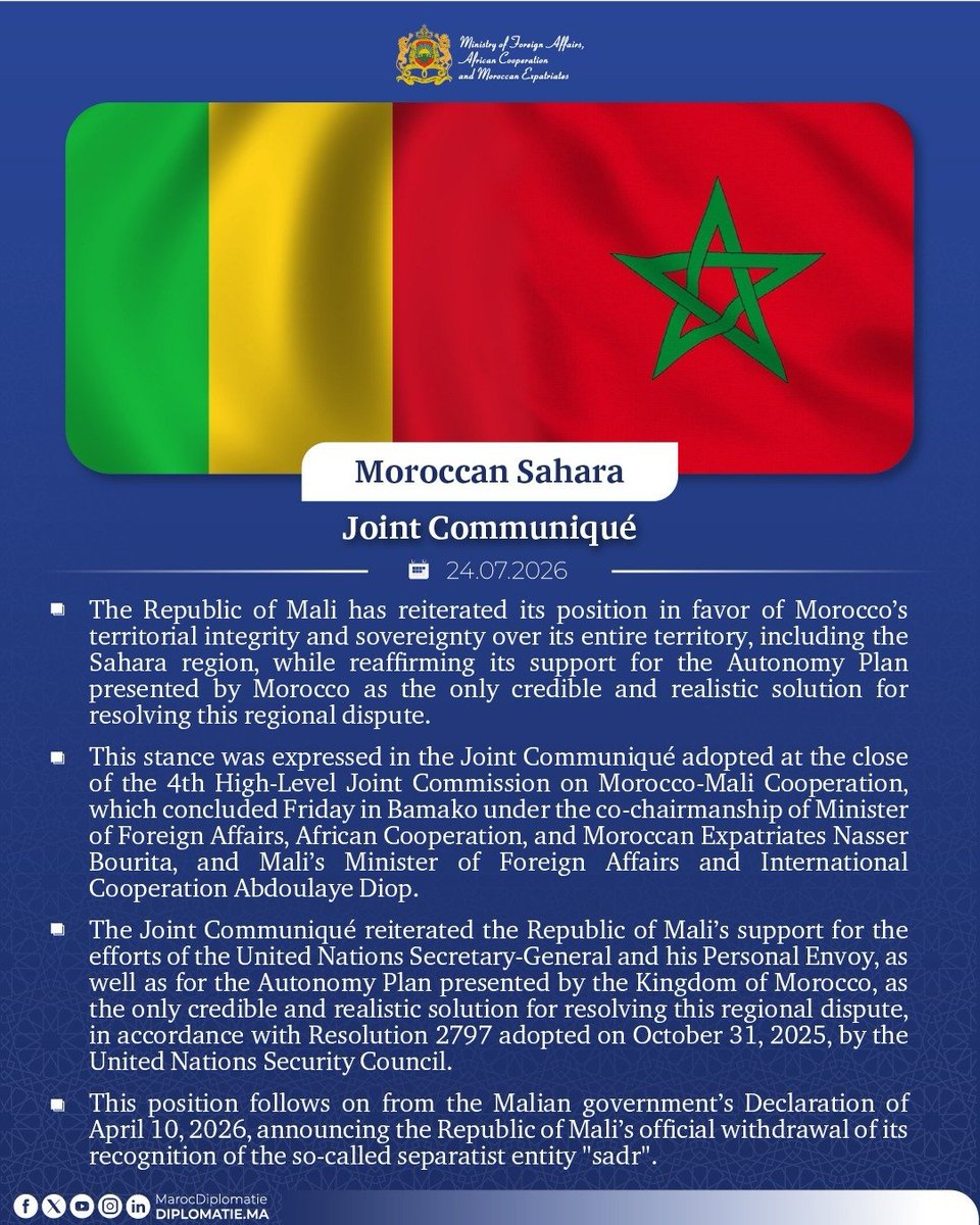 Marocdiplo_EN's tweet photo. #Moroccan Sahara: The Republic of Mali has reiterated its position in favor of Morocco’s territorial integrity and sovereignty over its entire territory, including the Sahara region https://t.co/H9F1yAa9kW