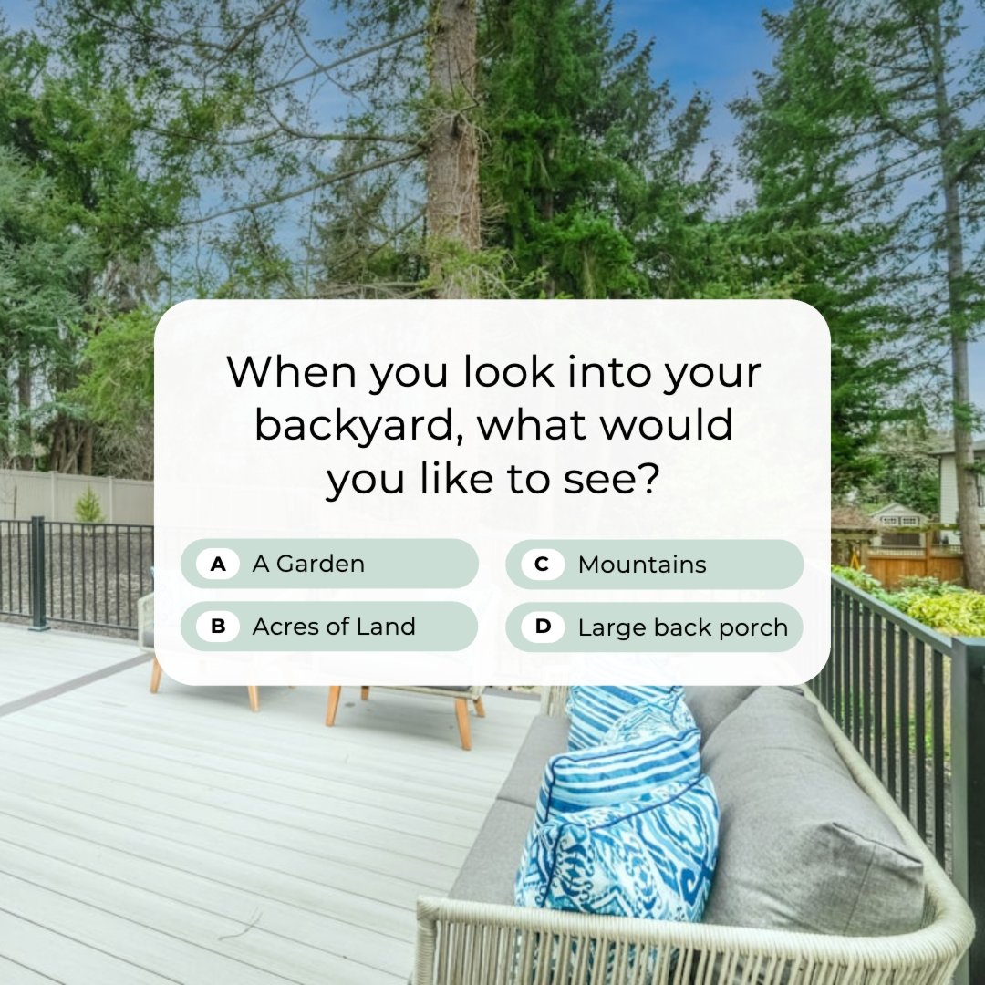 CollazoGroup's tweet photo. 🏡 What do you envision for your perfect outdoor space? Is it acres of land? Or a huge back porch for entertaining? Maybe it's mountains as far as the eye can see! 

Drop your pick in the comments!

#backyardgoals #dreambackyard #homegoals #dreamhome #backyardgarden https://t.co/C8R3HTY89M