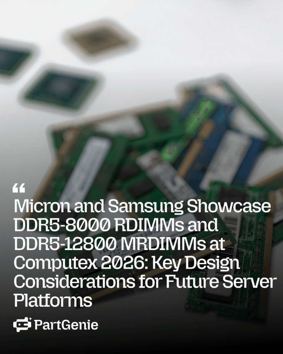 PartGenie's tweet photo. Server memory is sprinting: DDR5-8000 RDIMMs are arriving, and MRDIMM demos hit 12,800 MT/s.
Platform planning needs to start now.
Try at https://t.co/JLcAW0L0MR
#DDR5 #Servers #MemoryBandwidth #AI https://t.co/mGLng3SCm3