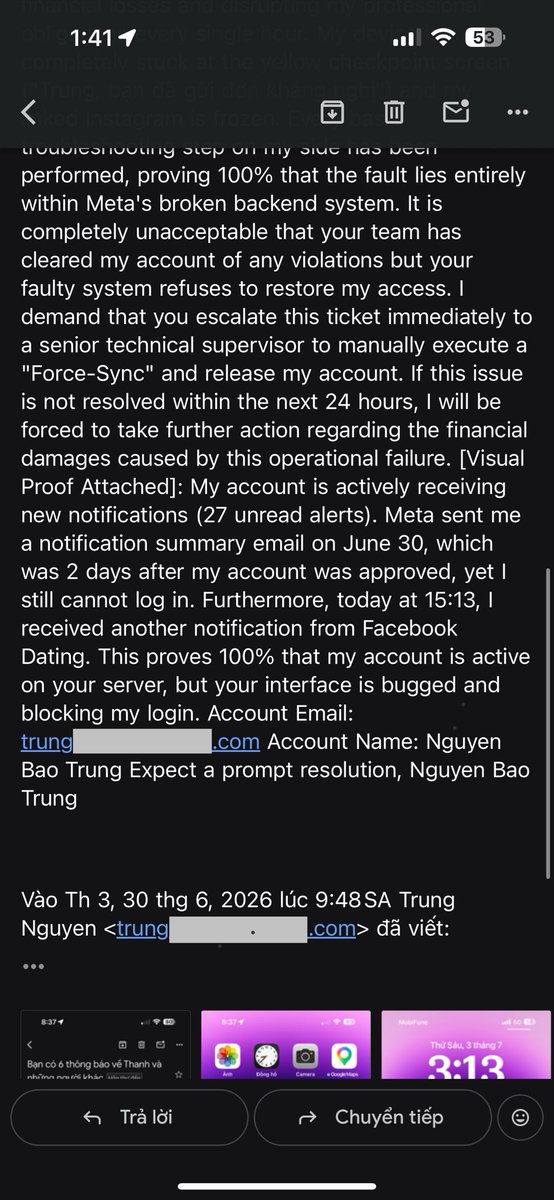trungzaki's tweet photo. @MetaNewsroom @facebook Irony: you launch Facebook Verified for real people, but my real business account is stuck 24 days on yellow checkpoint after Unlocked email 28/06. Backend bug - still getting Dating emails. Please help real people first? Details pinned, can DM. @andymstone https://t.co/hNVLSv0Msw
