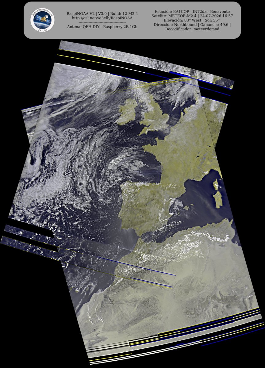 monforra's tweet photo. Ground Station: EA1CQP - IN72da - Benavente METEOR-M2 4 24-07-2026 16:35 CEST Max Elev: 83° W Sun Elevation: 55° Gain: 49.6 | Northbound
#NOAA #MeteorM2_3 #MeteorM2_4 #weather #weathersats #APT #LRPT #wxtoimg #MeteorDemod #rtlsdr #gpredict #raspberrypi https://t.co/Eqi2kzZ4Ii