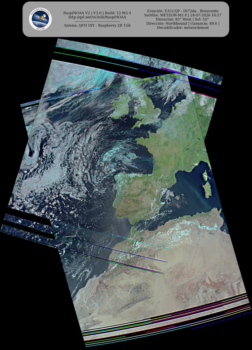 monforra's tweet photo. Ground Station: EA1CQP - IN72da - Benavente METEOR-M2 4 24-07-2026 16:35 CEST Max Elev: 83° W Sun Elevation: 55° Gain: 49.6 | Northbound
#NOAA #MeteorM2_3 #MeteorM2_4 #weather #weathersats #APT #LRPT #wxtoimg #MeteorDemod #rtlsdr #gpredict #raspberrypi https://t.co/Eqi2kzZ4Ii