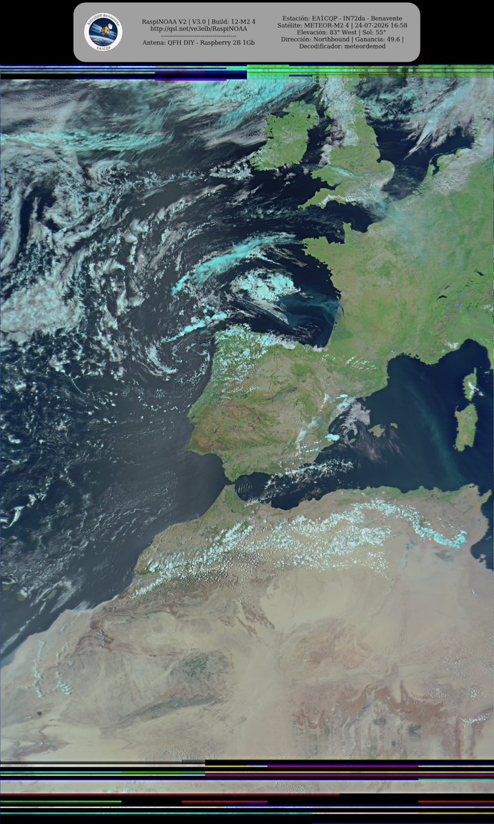 monforra's tweet photo. Ground Station: EA1CQP - IN72da - Benavente METEOR-M2 4 24-07-2026 16:35 CEST Max Elev: 83° W Sun Elevation: 55° Gain: 49.6 | Northbound
#NOAA #MeteorM2_3 #MeteorM2_4 #weather #weathersats #APT #LRPT #wxtoimg #MeteorDemod #rtlsdr #gpredict #raspberrypi https://t.co/Eqi2kzZ4Ii