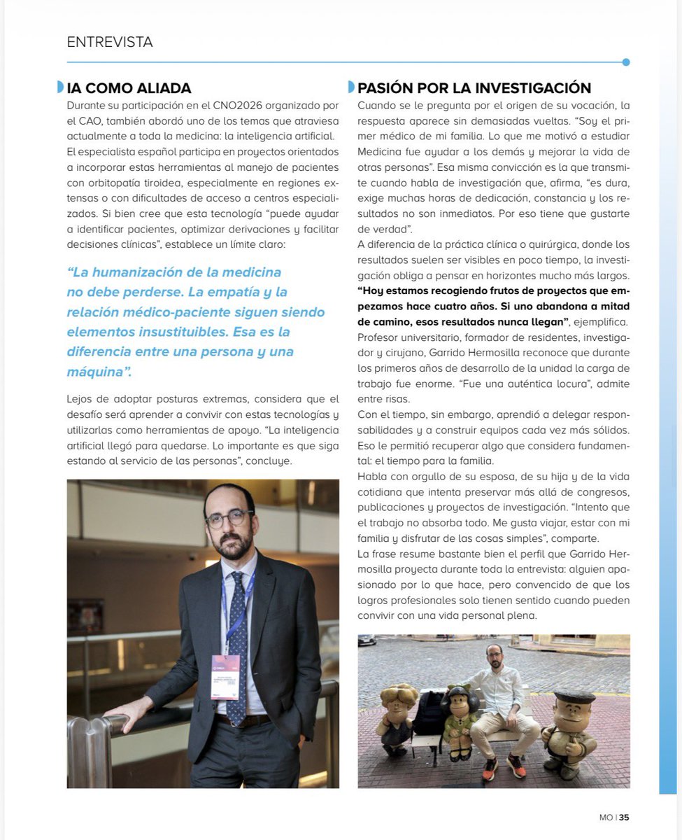 OftalmoMacarena's tweet photo. 📰 Compartimos la entrevista a nuestro compañero el Dr. Antonio Manuel Garrido Hermosilla @Ambliope86 en la revista Médico Oftalmólogo (MO) del CNO2026 @CAOarg, sobre enfermedad ocular tiroidea, investigación, IA y trabajo multidisciplinar. ¡Seguimos avanzando! #MarcaMacarena👀 https://t.co/OsAbn4puvt