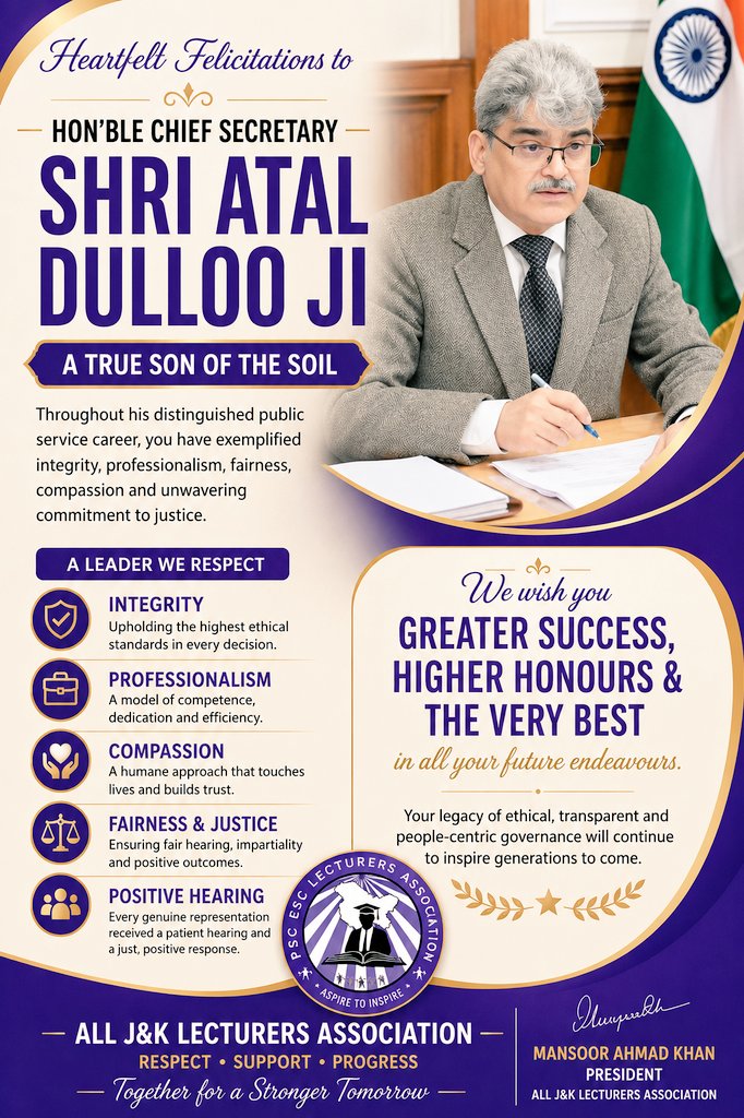 JKPSCLecturers's tweet photo. A true son of the soil @DullooAtal has led with integrity, professionalism, fairness and compassion.
@OfficeOfLGJandK 
@CM_JnK 
@diprjk https://t.co/oYvnXImEW6