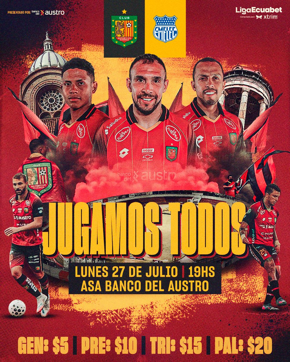 DCuencaOficial's tweet photo. NO JUEGA SOLO EL EQUIPO.
JUGAMOS TODOS ❤️🖤

Este lunes volvemos a defender nuestra casa y necesitamos que el ASA vuelva a sentirse como una fortaleza.

Cada bandera, cada aplauso y cada aliento hacen la diferencia.

⚔️ Emelec
📍 ASA Banco del Austro
🗓️ Lunes 27 de julio
⏰ 19h00

🎫 Entradas en línea 📱👉🏻 https://t.co/rqjAjpbVkK
🎟️ Entradas físicas disponibles HOY en las oficinas del club

¡TODOS AL ESTADIO! 💪🏻

#VamosCUENCA 🔴⚫️