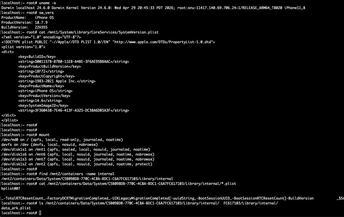linzi77610's tweet photo. 测试iPhone Xr 14.6用18.7.9 ramdisk同样也可以挂载disk1s2，13.3.1虽然可以load sep但是挂载不上disk1s2。当然Xr 14.6也不能写入文件。 https://t.co/DfYBq9C02d