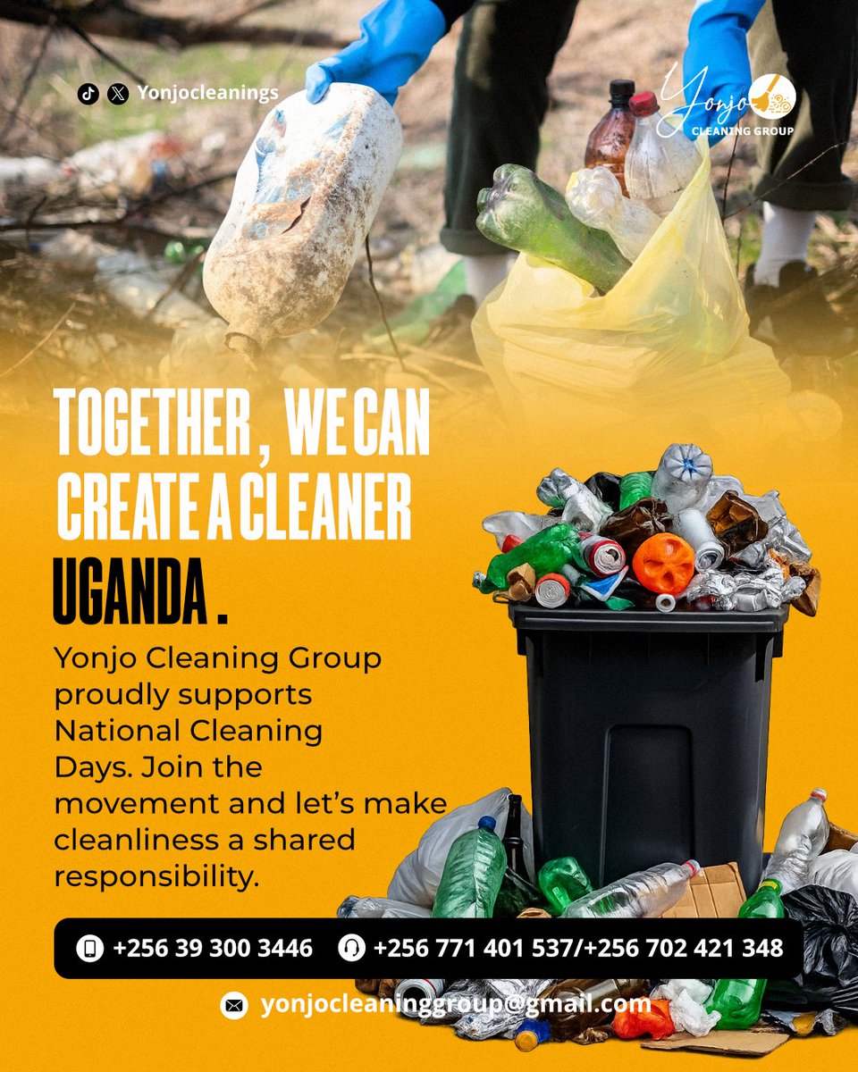 YonjoCleanings's tweet photo. Yonjo Cleaning Group proudly joins the Rt. Hon. Prime Minister @R_Nabbanja  in observing National Cleaning Day, reaffirming our shared commitment to cleaner, healthier, and more sustainable communities.
#NationalCleaningDay #KeepUgandaClean #CleanCommunities #YonjoCleaningGroup https://t.co/tl5Nd9iUu6