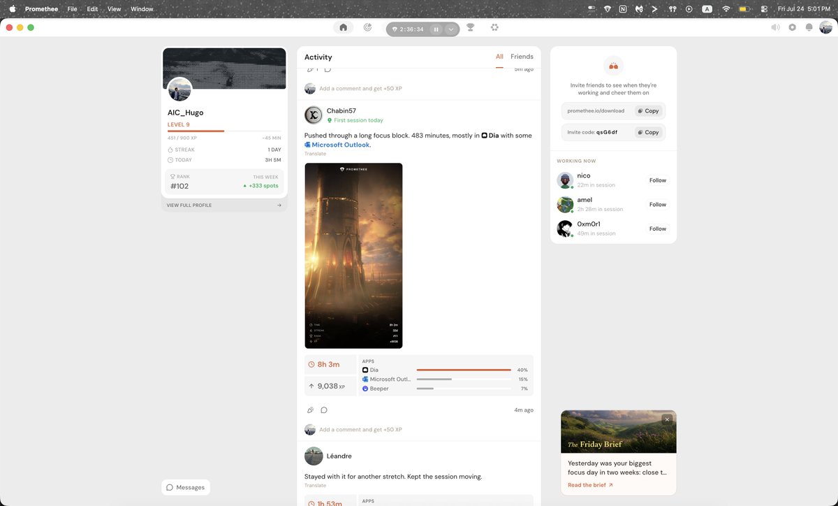 AIC_Hugo's tweet photo. 24h que j'ai accès à @Promethee_io et, pour l'instant, j'aime beaucoup

Le gros point fort à mes yeux : l'aspect social. On peut voir les sessions des autres utilisateurs, créer des guildes et échanger. Le travail devient un peu moins solitaire

Côté productivité, j'aime avoir le timer en haut de l'écran et une liste de tâches que je peux modifier à la volée. Il y a aussi les tâches récurrentes, comme dans un tracker d'habitudes

Le système d'XP et le suivi du temps passé sur chaque app sont très motivants. Voir où part son temps aide vraiment à se remettre dans le bon rythme.

Dis moi si tu veux un lien !