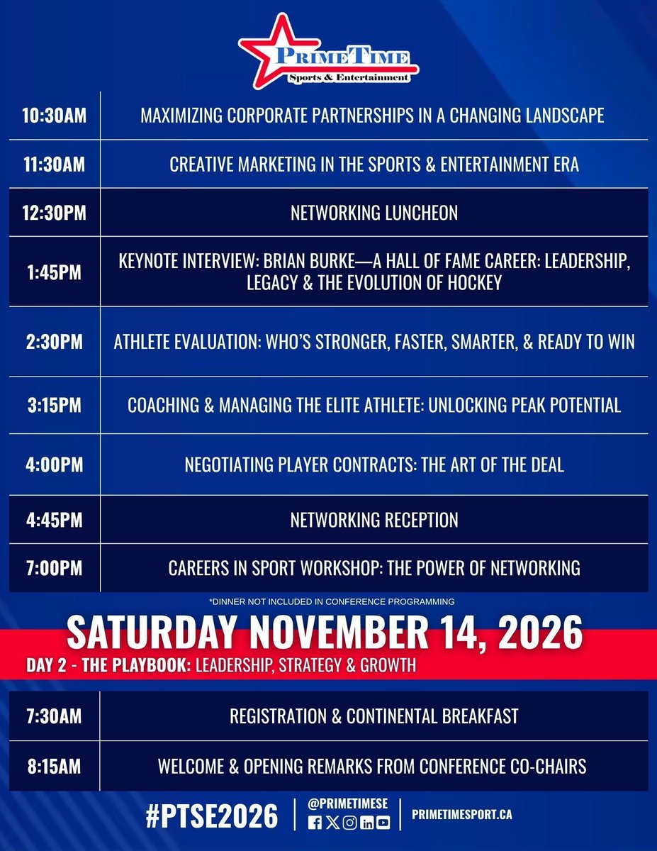 PrimeTimeSE's tweet photo. 🚨 SCHEDULE UPDATE 🚨 

Don't miss the 2026 PrimeTime Sports Management Conference &amp; Trade Show updated schedule.

🔗 View the full schedule here: https://t.co/yEs34OoJHy https://t.co/VcbMyVFmgZ