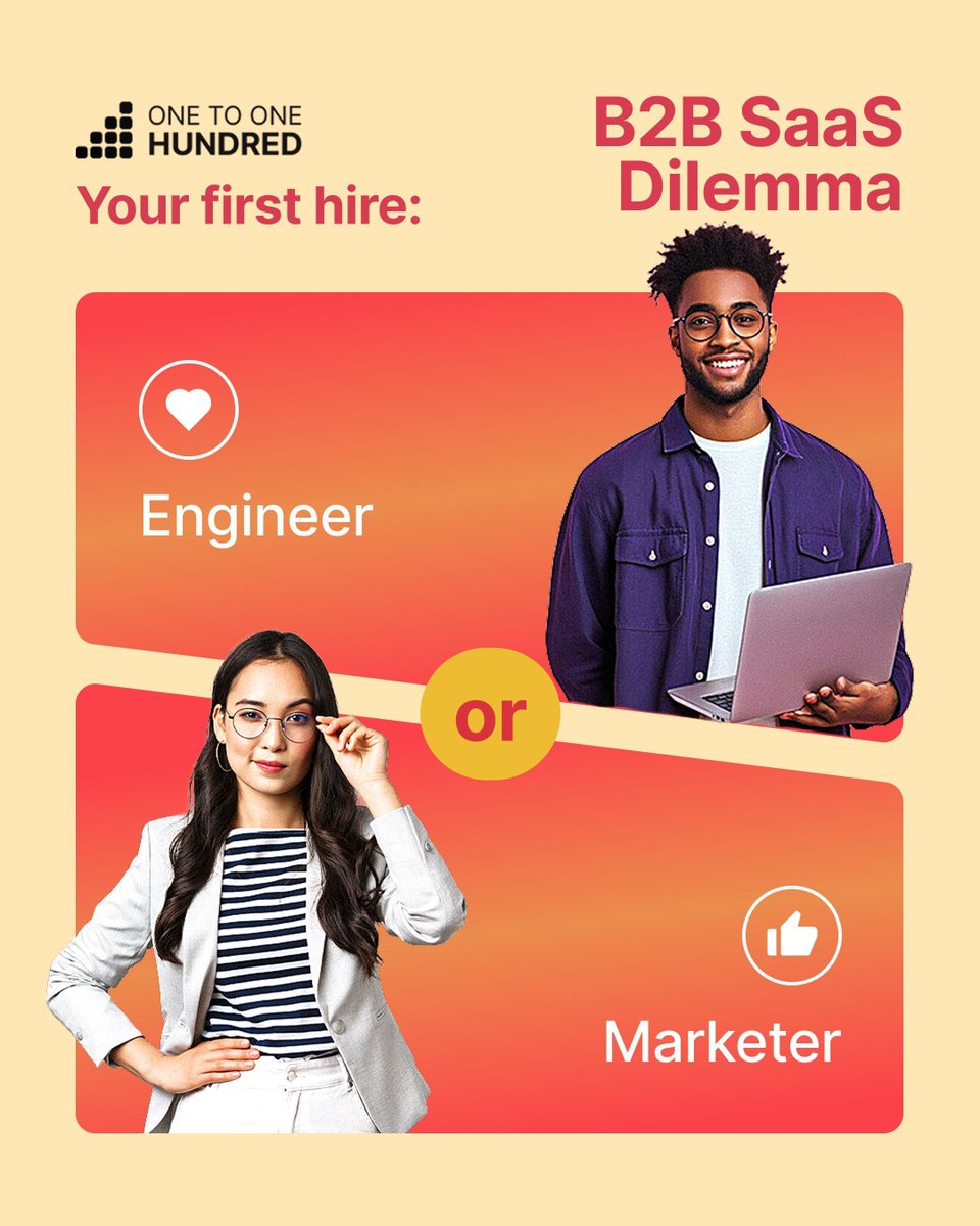 1_to_100m's tweet photo. Since our webinar, we’ve been thinking about one question that keeps coming up for early-stage B2B SaaS founders: who should your first hire be an engineer or a marketer? What do you think?
#B2BSaas #Founder #Hiring https://t.co/YETvkTKIO1