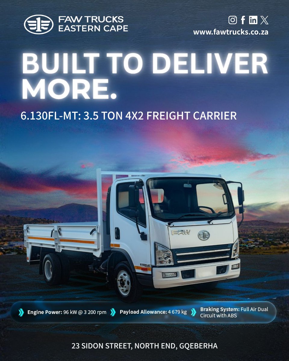 FawCape's tweet photo. 💪 Built to Deliver More.

The FAW 6.130FL-MT combines impressive payload capacity, efficiency and reliability to help your business get the job done day after day. https://t.co/YRTgZKpuNF