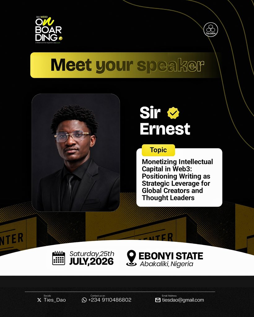 TIES_DAO's tweet photo. 𝐌𝐄𝐄𝐓 𝐘𝐎𝐔𝐑 𝐒𝐏𝐄𝐀𝐊𝐄𝐑:

The Web3 industry doesn’t just reward builders.

It rewards people who know how to communicate value.

That’s why we’re excited to welcome Sir Ernest as a speaker at the TIES Web3 Onboarding Event.

In an industry where attention is currency, @Ernestofweb3 has built a reputation for turning ideas into influence and words into opportunity. 

His session will explore how writing can become more than just a skill

it can be a career, a business, and a gateway to global opportunities.

Topic:
Monetizing Intellectual Capital in Web3: Positioning Writing as Strategic Leverage for Global Creators and Thought Leaders.

Whether you’re a writer, creator, student, or someone looking to build a sustainable career in Web3, 

this is one conversation you don’t want to miss.

Be there!