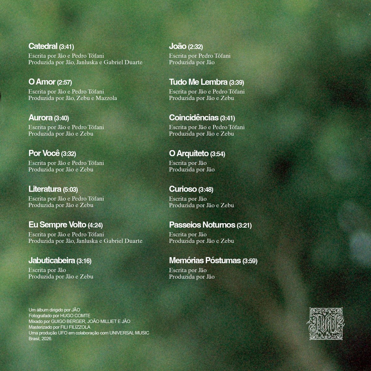 tracklist's tweet photo. 🚨 Jão divulga a tracklist oficial de “Memórias Póstumas”, seu novo álbum que será lançado em 26 de julho. https://t.co/2hY1aJDqOq