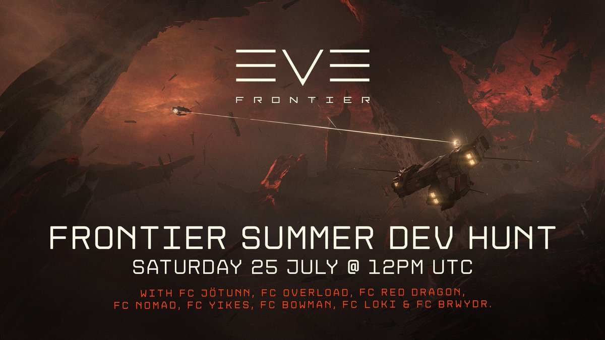 EVE_Frontier's tweet photo. The Frontier Summer Dev Hunt will be taking place tomorrow! Join us live on FCTV @ 12:00UTC for some friendly fisticuffs with the local rapscallions on the Frontier, as the devs engage in witty banter, insightful remarks and - presumably - screams of terror.

https://t.co/PlwiIxrfdm