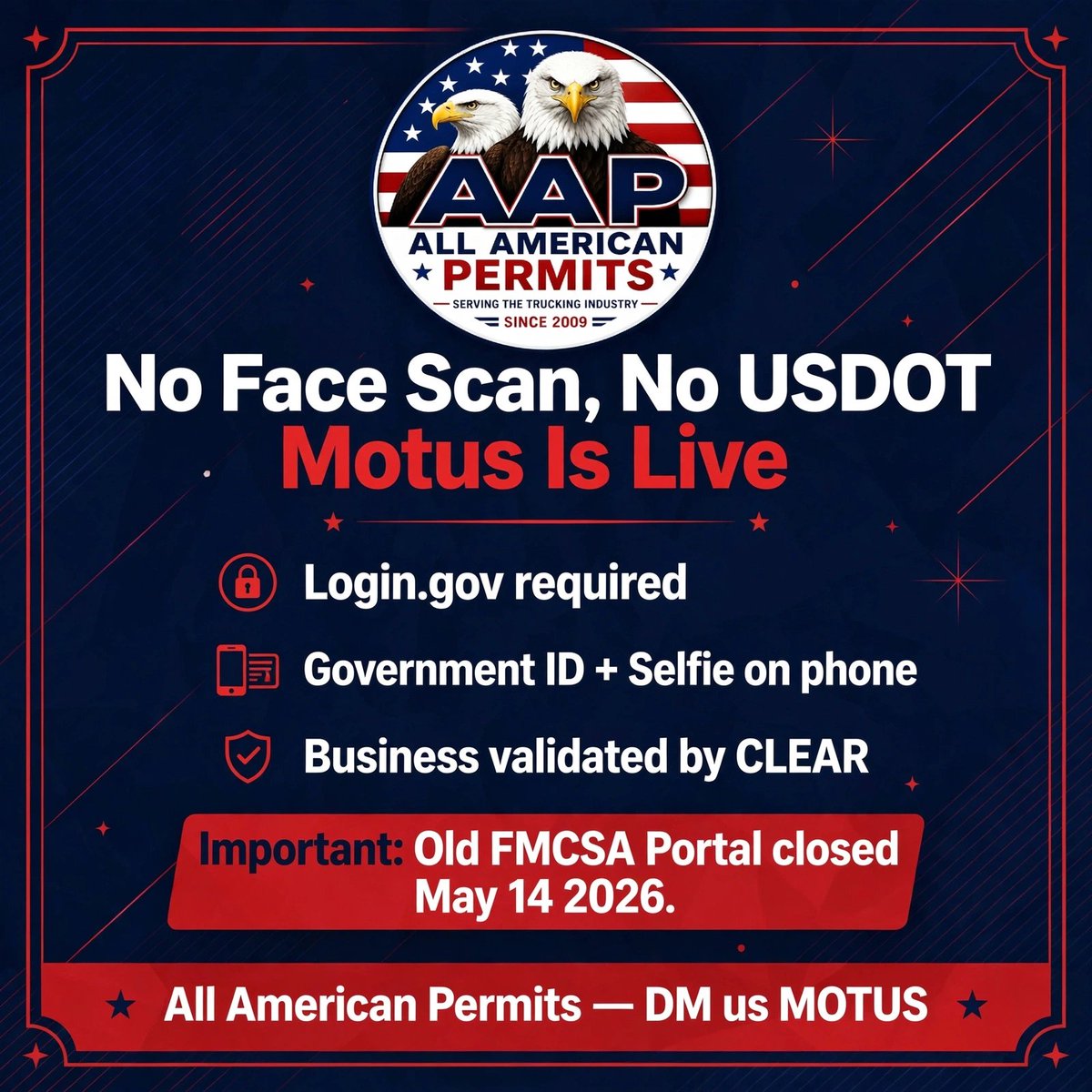 AllAmericanPer's tweet photo. ⛔️ No Face Scan No USDOT. 

FMCSA Motus is now mandatory. 

https://t.co/8ltr5NKutN + ID + selfie + CLEAR validation. 

Old portal closed May 14. 

Need help? 

📲DM MOTUS. 305-501-4791 
🌐https://t.co/RU0Fzhk5nz https://t.co/10V6AMrWh6