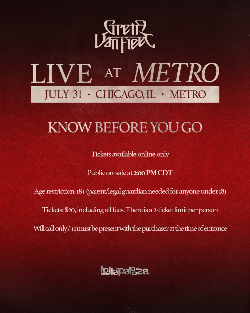 GretaVanFleet's tweet photo. Chicago, the return! We’ll see you at @MetroChicago on Jul 31st. Tickets go on sale at 2pm CT.

https://t.co/A8y0CFQ5rx https://t.co/b4qPF9hrKI