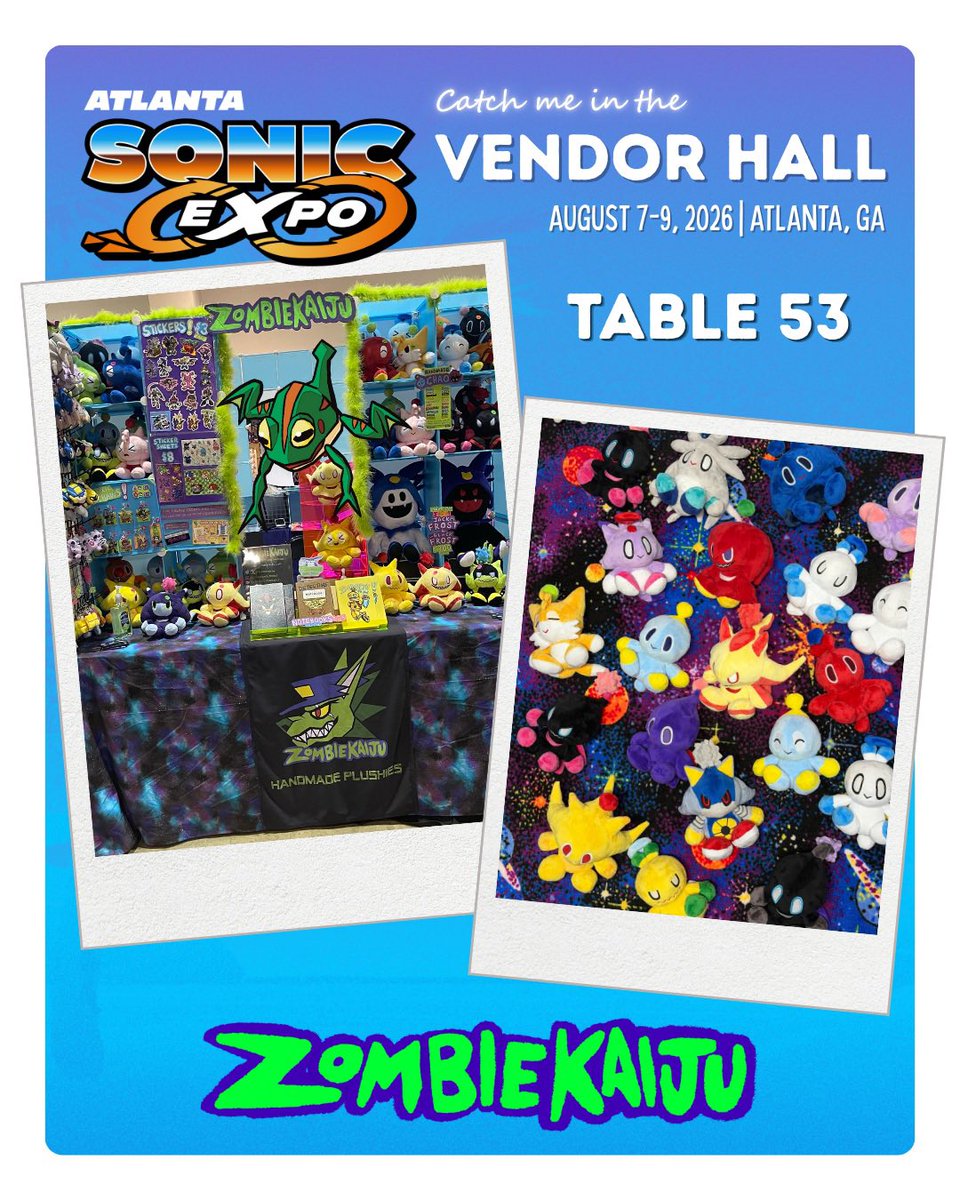 ZombieKaiju's tweet photo. I hope to see you guys at Sonic Expo Atlanta soon!  I will be at table 53 in the artist alley with lots of handmade plush goodies (including chao), as well as other cool things I hope you’ll check out :> https://t.co/xrVpiQc9Vn