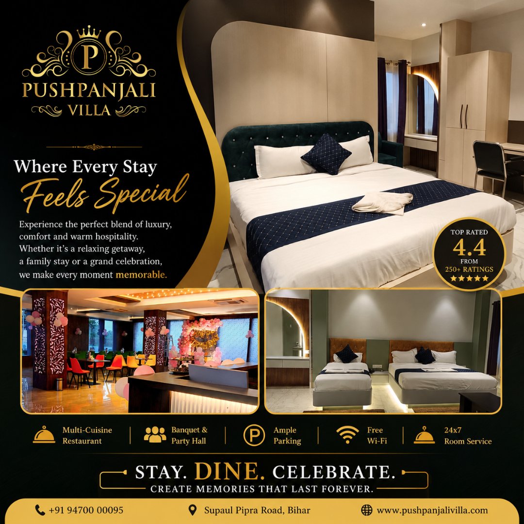 Pushpanjalivila's tweet photo. ✨ Where Every Stay Feels Special! 🏨💛

Luxury rooms, delicious dining &amp; warm hospitality—all in one place. 

📞 +91 94700 00095
📍 Supaul Pipra Road, Bihar

#PushpanjaliVilla #StayDineCelebrate #LuxuryStay #Supaul #HotelInBihar #Hospitality #WeekendGetaway https://t.co/83UhGfFPHe