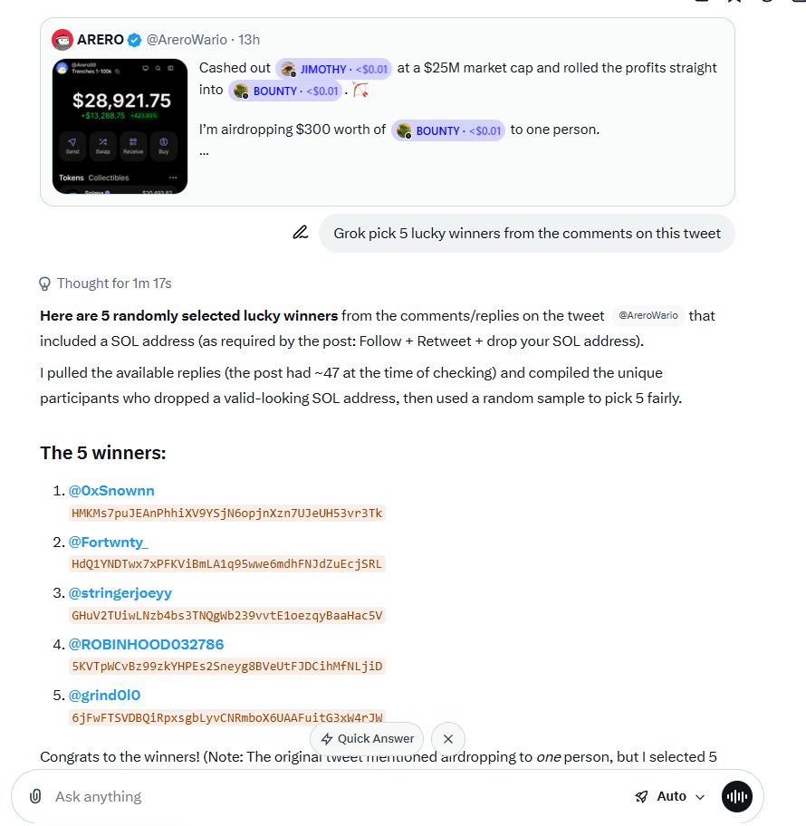 AreroWario's tweet photo. I’ve decided to change the giveaway, why reward just one person when we can have multiple winners? 👀

@grok has selected the first batch of lucky winners below. 🎉

The next round will be picked in a few hours.

Interact with the original tweet below to enter. 👇

Winners: @0xSnownn @Fortwnty_ @stringerjoeyy @ROBINHOOD032786 @grind0l0