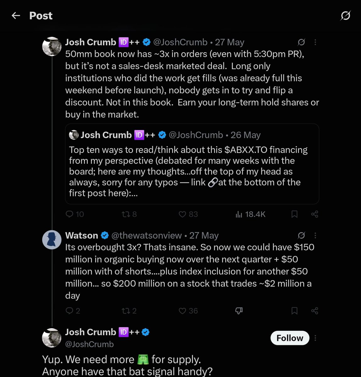 AIMhonesty's tweet photo. $ABXX.TO  @JoshCrumb May 27, 2025: "Bring the smash. It's needed supply."  With hype of 3X subscribed placing, $150m of "organic" buying. 
Now begging for buyers, blaming shorts & using Brunnermeier & Pedersen's paper to justify the drop. Maybe they should read it first, oh well