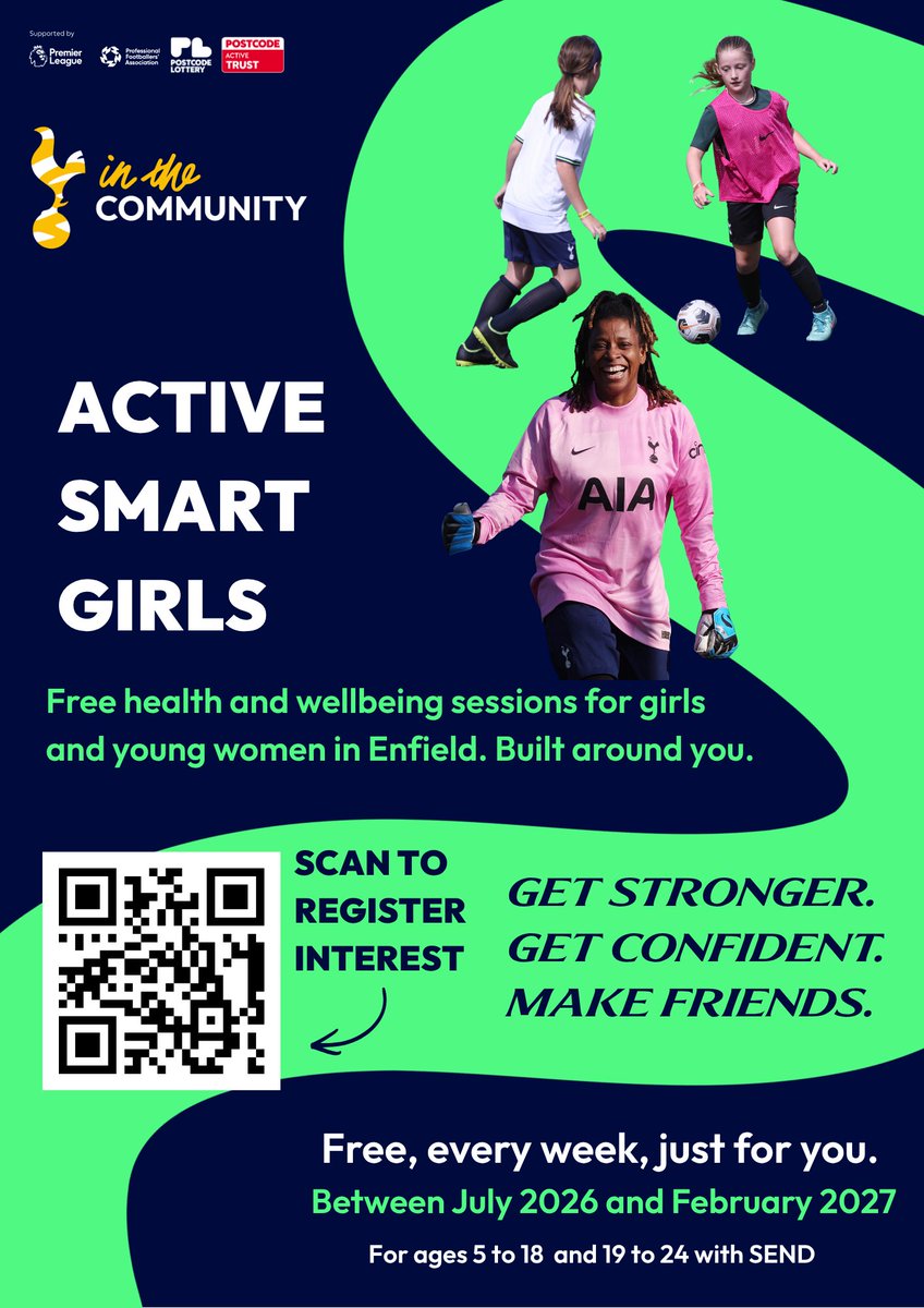 SpursFoundation's tweet photo. Active Smart Girls - sessions every week for girls and young women in Enfield. 

Scan the QR code to register! https://t.co/n4xC2ehlvl