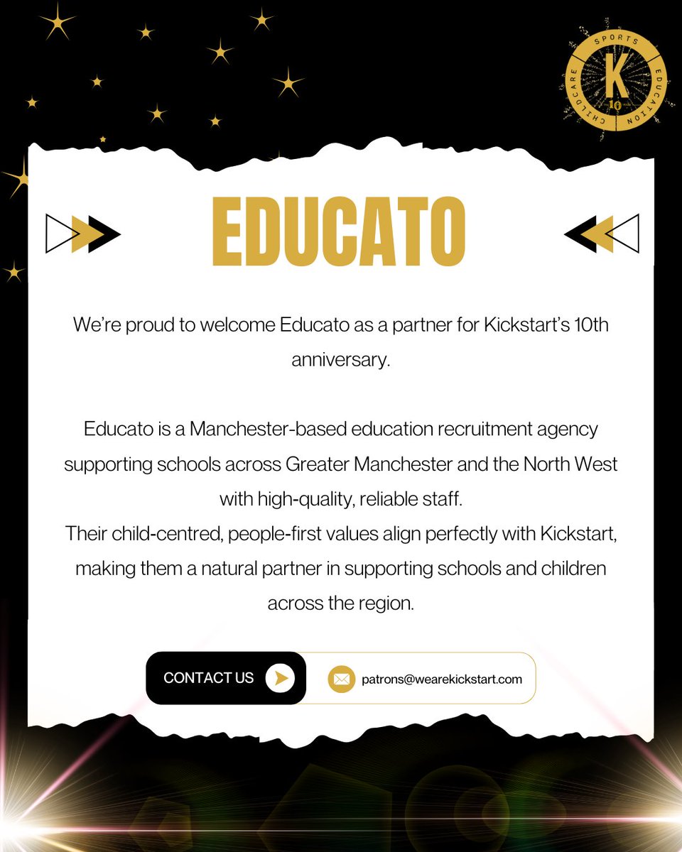 wearekickstart's tweet photo. We're delighted to welcome Educato as a partner for Kickstart's 10th anniversary year! 🎉
Their child-centred approach and commitment to supporting schools across Greater Manchester and the North West make them a fantastic addition to our celebrations.
#Educato #Kickstart https://t.co/HDLMZfYtUX