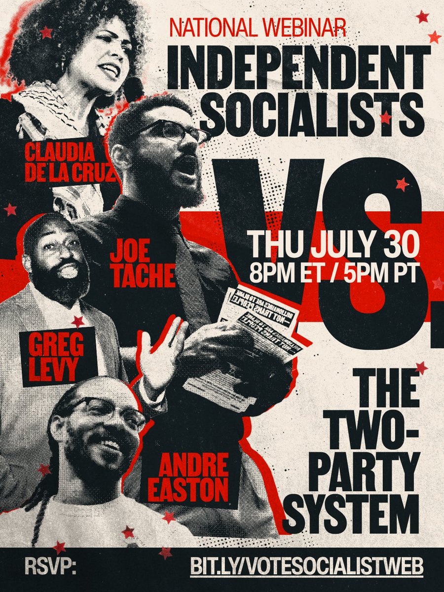 pslnational's tweet photo. 💥WEBINAR: Independent Socialists vs. The Two-Party System! 

Register for the discussion on Thursday, 7/30 at 8PM ET/5PM PT ➡️ https://t.co/WvuFQcTPM3

There is no doubt that working people across the country are rejecting the billionaire-backed political parties and calling for an entirely new system. The majority of U.S. adults have a positive view of socialism (including 62% of those aged 18-29) and we have seen socialists sweep elections at the mayoral and congressional level in New York and Denver. 

The Party for Socialism and Liberation is running a slate of socialist candidates in New York, Ohio, Massachusetts, and Florida. These campaigns are completely independent of the two party system, and are rooted in a working class movement to take power away from the billionaires. 

Join Claudia De la Cruz (Presidential candidate with the PSL in 2024), Andre Easton (candidate for Congress representing NY-15), Greg Levy (candidate for Senate representing Ohio), and Joe Tache (candidate for Senate representing Massachusetts) to discuss how we build towards a socialist future, why we run independent campaigns, and how we can help Joe go face-to-face with the billionaire narrative. 

🗓️Thursday, July 30
🕗8PM ET / 5PM PT
🔗Register: https://t.co/WvuFQcTPM3