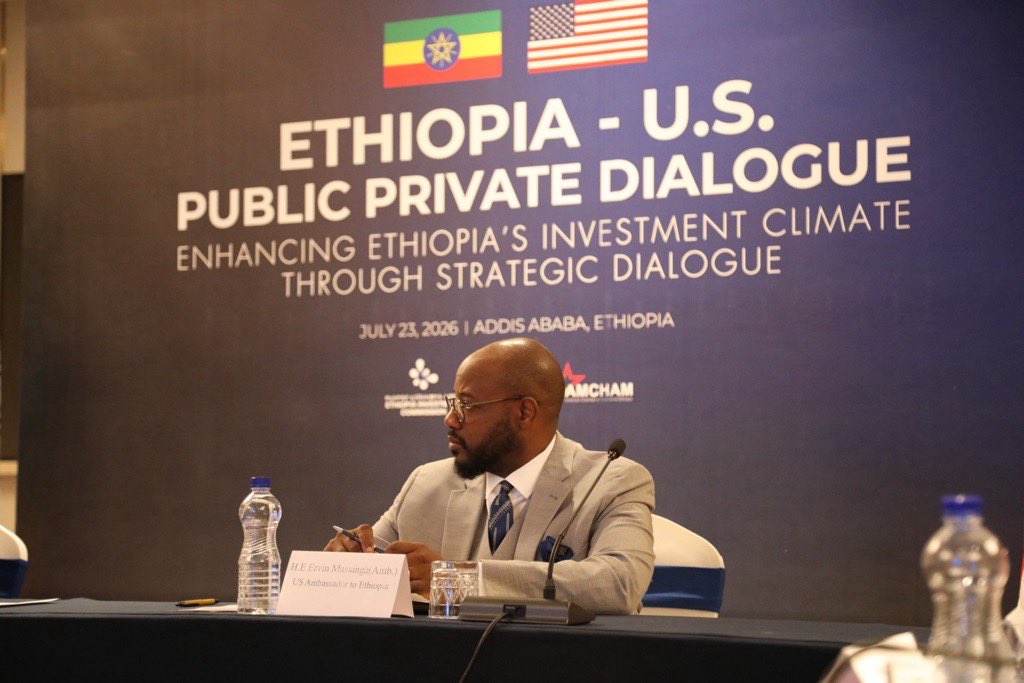 USEmbassyAddis's tweet photo. Ambassador Massinga co-chaired a Public-Private Dialogue in Addis Ababa on July 23, bringing together the EIC, Ethiopian government ministries, and AmCham Ethiopia to advance commercial diplomacy and expand market access for U.S. companies. 
Ambassador Massinga stressed that a transparent, predictable business environment is key to unlocking greater U.S. investment, and called on the EIC and private sector to develop a targeted action plan to resolve business bottlenecks. 
This results-driven partnership reflects the U.S. commitment to accelerating Ethiopia's economic transformation and delivering shared prosperity for both nations. 
Read more about the dialogue on our website: https://t.co/ilk0QuuXpH
 #USinEthiopia #CommercialDiplomacy