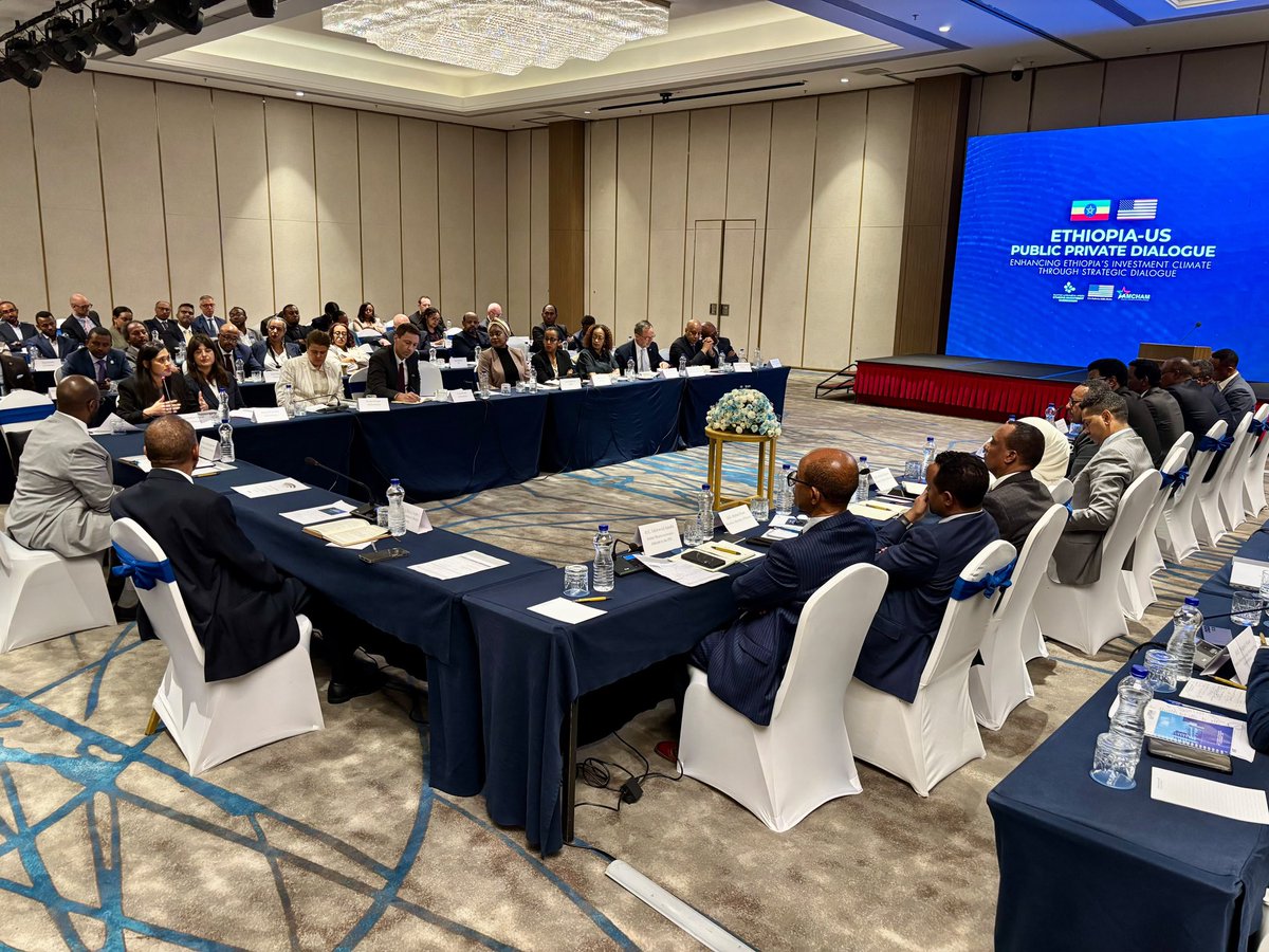 USEmbassyAddis's tweet photo. Ambassador Massinga co-chaired a Public-Private Dialogue in Addis Ababa on July 23, bringing together the EIC, Ethiopian government ministries, and AmCham Ethiopia to advance commercial diplomacy and expand market access for U.S. companies. 
Ambassador Massinga stressed that a transparent, predictable business environment is key to unlocking greater U.S. investment, and called on the EIC and private sector to develop a targeted action plan to resolve business bottlenecks. 
This results-driven partnership reflects the U.S. commitment to accelerating Ethiopia's economic transformation and delivering shared prosperity for both nations. 
Read more about the dialogue on our website: https://t.co/ilk0QuuXpH
 #USinEthiopia #CommercialDiplomacy