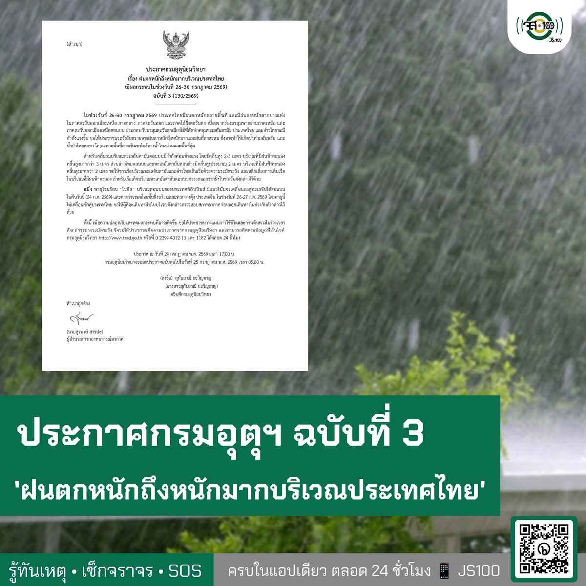 js100radio's tweet photo. ประกาศกรมอุตุนิยมวิทยา 'ฝนตกหนักถึงหนักมากบริเวณประเทศไทย' ฉบับที่ 3 (มีผลกระทบในช่วงวันที่ 26 - 30 ก.ค. 69)

รายละเอียดเพิ่มเติม : https://t.co/KF9pObLMM6 https://t.co/TDZxtuitcD
