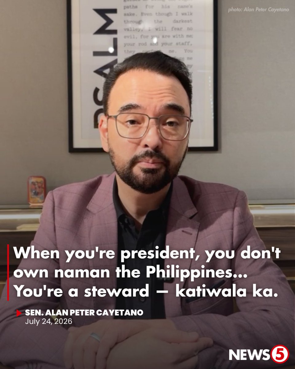 News5PH's tweet photo. ‘A STEWARD’

Binigyang-diin ni Senate Minority Leader Alan Peter Cayetano na hindi umano pagmamay-ari ng isang pangulo ang bansa.

Sa halip, isa aniyang pagiging “steward” o katiwala ang pagiging isang presidente. https://t.co/QUCEyltScF