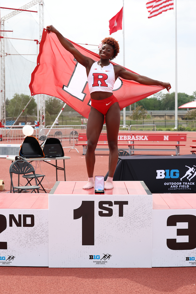 RUAthletics's tweet photo. #FlashbackFriday to Celine-Jada Brown's 🥇 in the long jump at the Big Ten Championships! #yeaRinReview https://t.co/9WEtRYiFWx