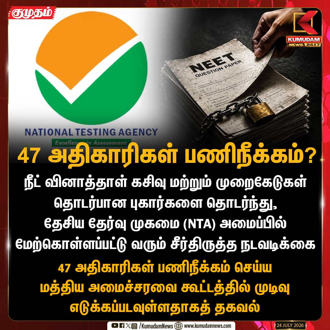 kumudamNews24x7's tweet photo. நீட் வினாத்தாள் கசிவு விவகாரம்; 47 அதிகாரிகள் பணிநீக்கம்?
#NTA | #Termination | #StudentsProtest | #DharmendraPradhan | #NeetQuestionPaperLeak | #NEETExam | #kumudamnews24x7
For more News: https://t.co/kN2vaurqhz
For live Updates: https://t.co/hxHNnCLnHV https://t.co/Z9bAQlSZvp