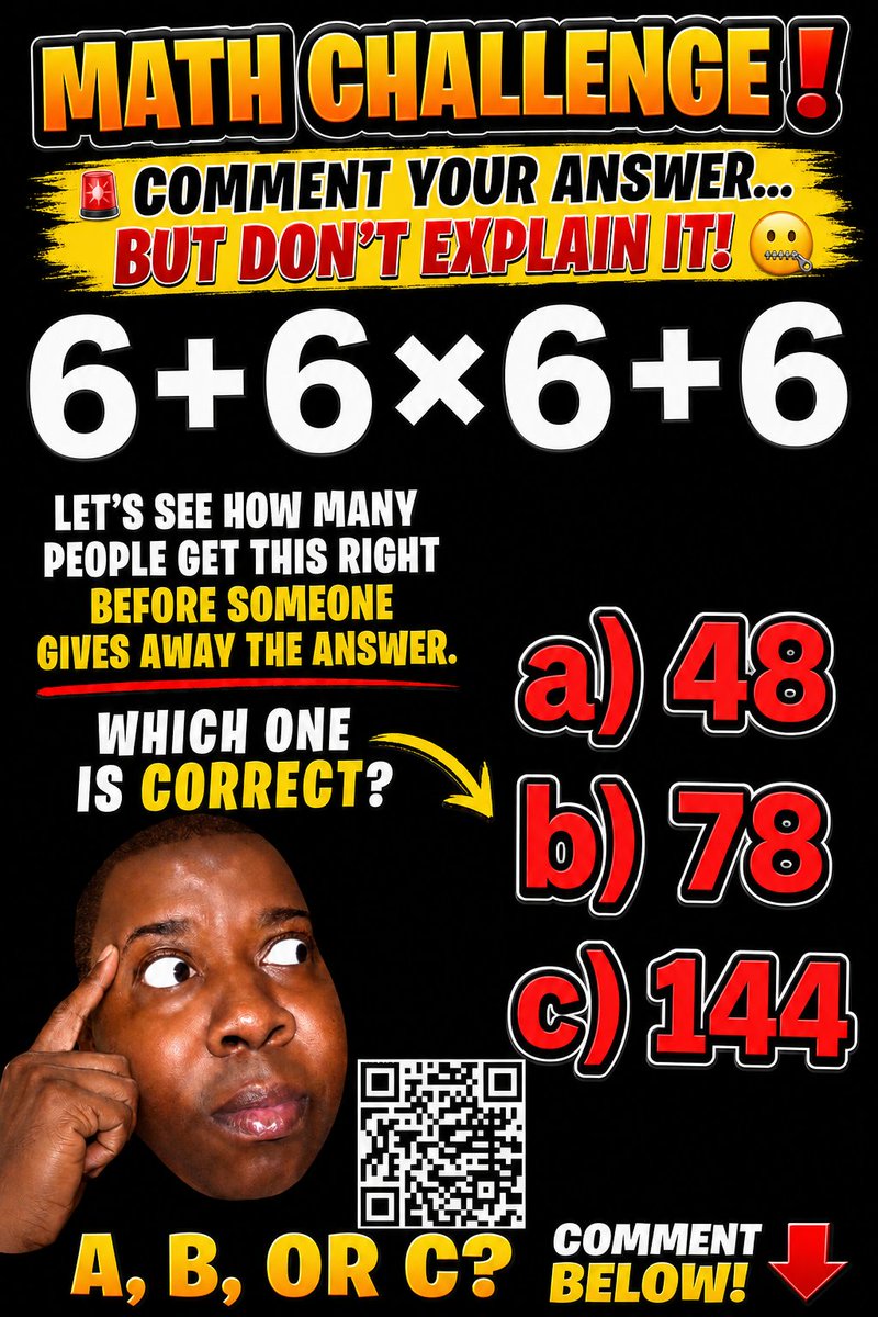 SnakeBrowm's tweet photo. 🧠 Think you've got the right answer?🚨

 Comment A, B, or C—but don't explain your answer or give away the solution! Let's see how many people get it right. 👀👇

#MathChallenge #BrainTeaser #PuzzleTime #CanYouSolveIt #CommentBelow #ThinkBeforeYouAnswer https://t.co/fV8UhXiCk7