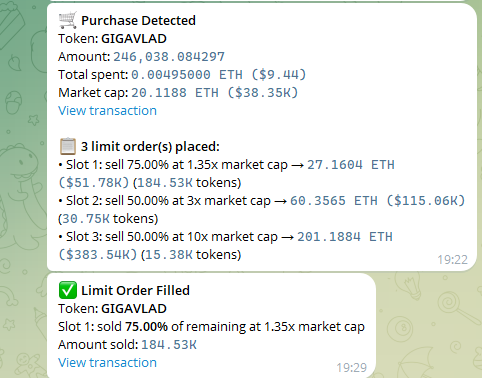 NightfallTrades's tweet photo. Our biggest feature - The trading bot on Telegram that allows automatic setting of Limit Targets.
We call them Limit Targets because true limit orders, don't exist on Robinhood.

All you do is import your wallet to the TG bot and continue trading as normal.  Your trades will be detected by the bot and your targets will be set.  When the price of the token reaches your target exit, the bot will attempt to execute your trades on your behalf.

Your targets are yours to set.

$RHNF
