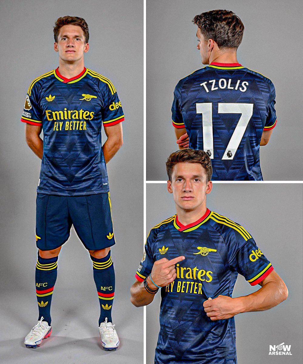 now_arsenaI's tweet photo. New signing Christos Tzolis in the Arsenal away kit for the 2026/27 season which got released today. https://t.co/moNBS860gz