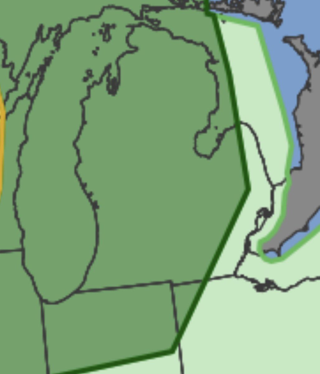 ibraheem_martin's tweet photo. The SPC has also placed most of lower MI under a marginal risk (level 1 of 5) severe risk the majority of the area excluding far eastern Michigan. Uncertainty on thunderstorm development, however, if a thunderstorm complex develops, it’ll be strong-severe. #miwx https://t.co/mrJZ6XaXCl