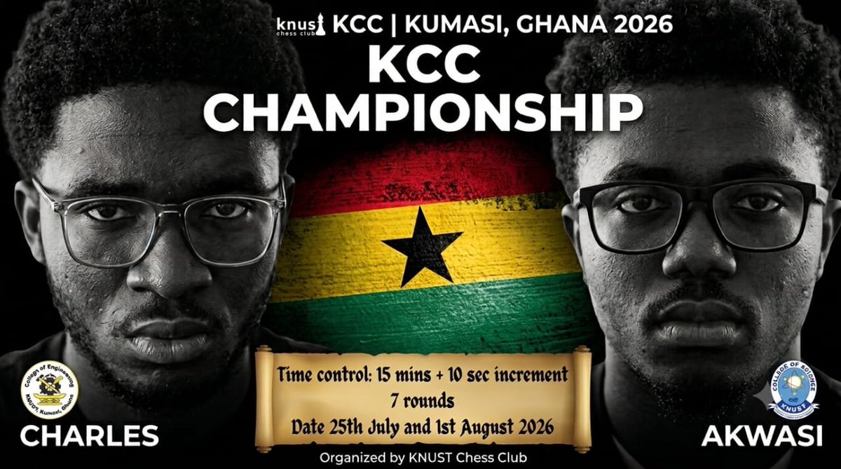 KNUSTChess's tweet photo. Battle lines have been drawn
Tomorrow is day 1 of the KCC Championship

See you there
#chess
#chesscommunity
#ghanachess
#fide 
@KNUSTGH https://t.co/OWLyOlDr3m