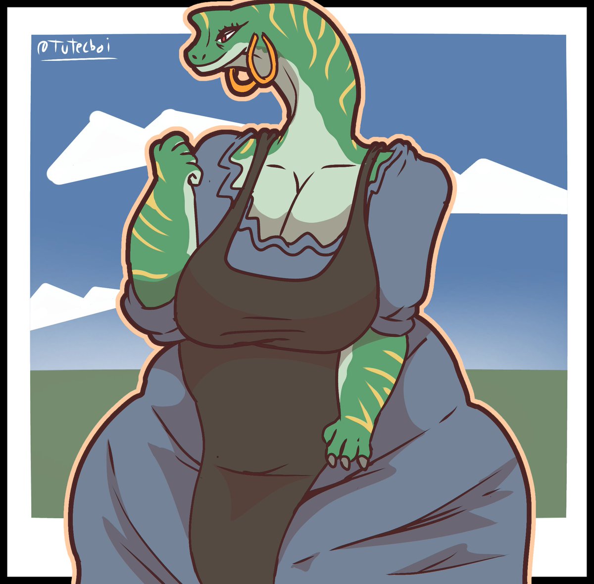 Tutelboi's tweet photo. A plain old Brachiosaurus Maiden 
You probably won't marry someone in their late 60s right?

#monstergirl #dinosaurart #scalie #creaturedesign https://t.co/Gs0iCYk0Gh