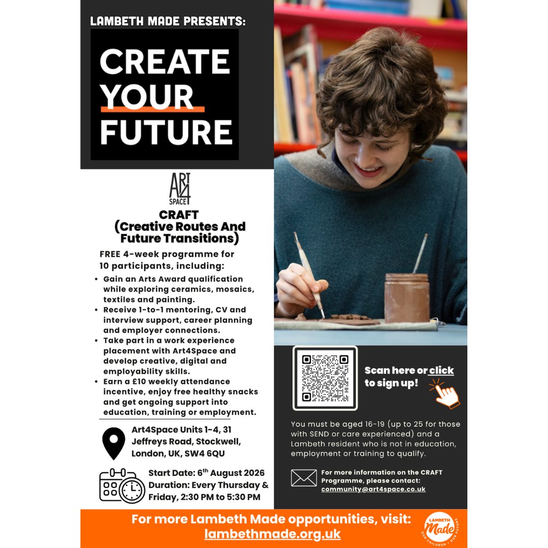 LambethMade's tweet photo. Lambeth residents aged 16–19 (up to 25 with SEND/care experience) — get creative with @Art4Space FREE CRAFT programme! 🎨
Build skills in ceramics, textiles & more + gain mentoring, work experience & an Arts Award 🎓
Apply now 👉 https://t.co/2NCu8IOky7
#CreateYourFuture https://t.co/ng4H1KkPIo