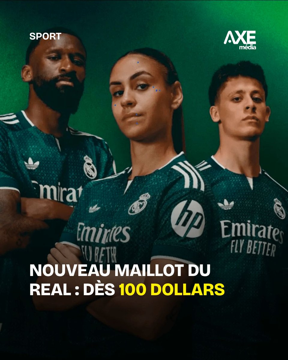 alainmwamba's tweet photo. Le Real Madrid dévoile son maillot extérieur 2026-2027 : vert foncé, détails blanc cassé et logo rétro Adidas. Prix : 100 $ pour la version supporter et 160 $ pour l’authentique. Quelle note sur 10 ?
#RealMadrid
#AXEmedia https://t.co/d6fZgNfrnb