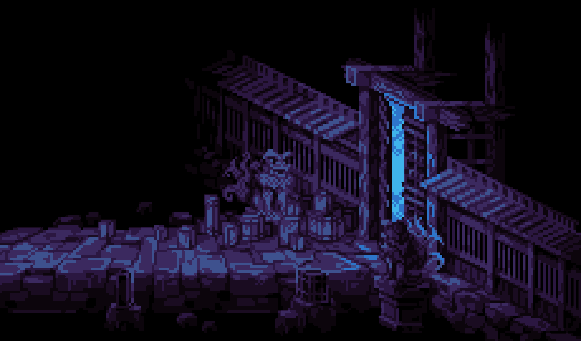 Sylvia_Voolf's tweet photo. Tried an alternative palette for the #pixelart temple location. In comparison to the orange, the blue one feels like a spirit world to me. At last, I'm really close to finishing it🏮 https://t.co/EEWxxeRzrm