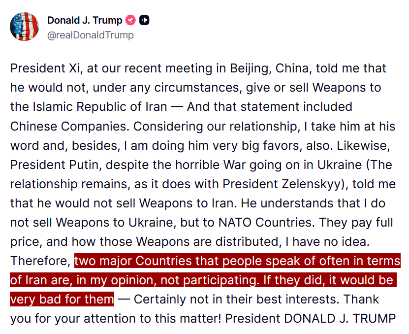 disclosetv's tweet photo. JUST IN - Trump threatens China and Russia if they provide material support to Iran, "...it would be very bad for them." https://t.co/cCNkazeHES